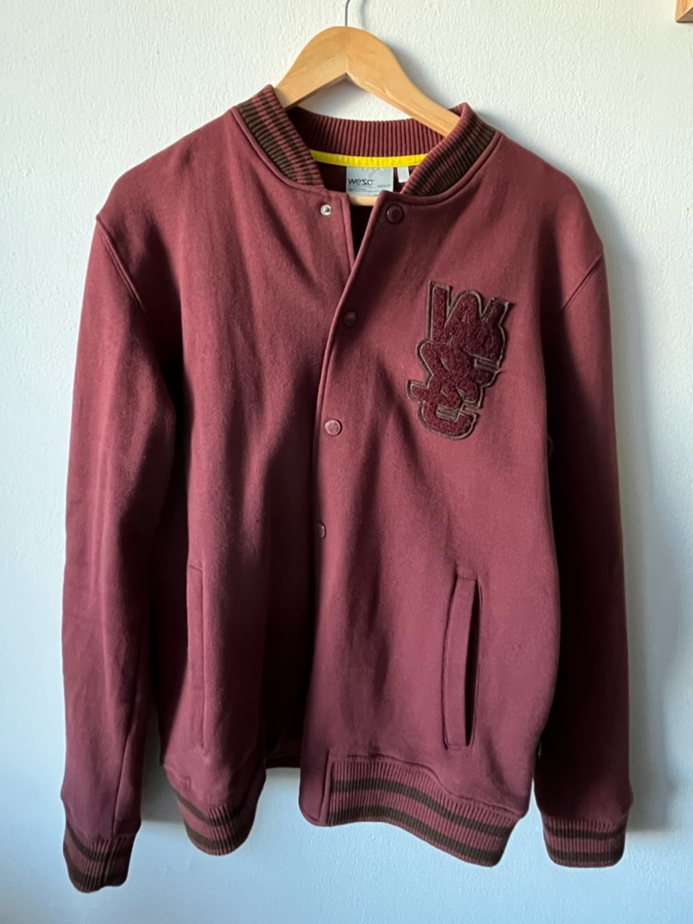 Wesc Men's Burgundy Bomber Baseball Jacket with Embroidered Chest Patch